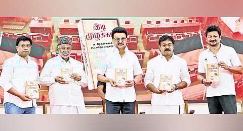 CM MK Stalin releasing five books authored by former DMK minister A Rahman Khan at an event in Chennai