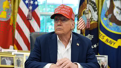 US President Donald Trump speaks with reporters in the Oval Office of the White House, Friday, Aug. 22, 2025, in Washington.