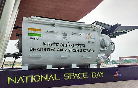 A model of the 'Bharat Antariksh Station' module on display at the Bharat Mandapam as part of the National Space Day celebrations, in New Delhi. India plans to launch the first module of the Bharat Antariksh Station by 2028 and have a full-fledged space station ready by 2035.