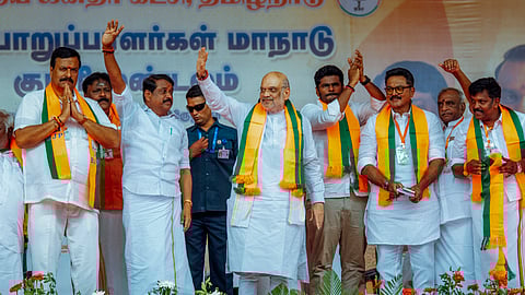 Union Home Minister Amit Shah with Tamil Nadu BJP President Nainar Nagenthiran, party leader K. Annamalai and others during the party's booth committee conference, in Tirunelveli, Tamil Nadu