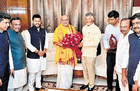 CM Chandrababu Naidu 's courtesy visit to NDA VP candidate CP Radhakrishnan in New Delhi.