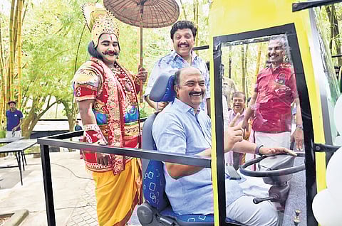 Ministers K N Balagopal and K B Ganesh Kumar, and MLA V K Prasanth after the inauguration of Transpo-2025, a KSRTC bus exhibition and motor expo, at Kanakakkunnu in Thiruvananthapuram on Friday