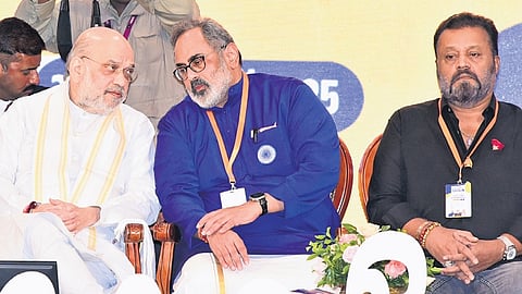 Union Home Minister Amit Shah and BJP state president Rajeev Chandrasekher interact during the party state leadership meeting in Kochi on Friday. Union Minister Suresh Gopi is also seen