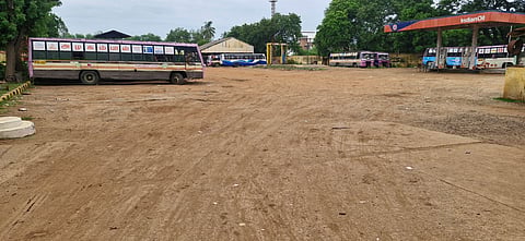 The damaged road at the TNSTC bus depot in Thuvakudi.