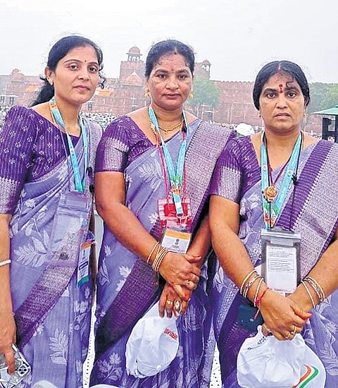 Bondugula Savitha, Gaddam Sulochana and Garige Godavari from Kamareddy district at this year’s Independence Day celebrations in Red Fort, Delhi