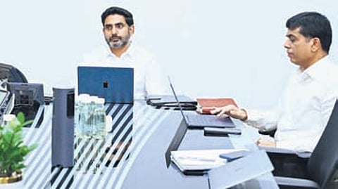 HRD Minister Nara Lokesh holds a review meeting with the Education Department officials at his Undavalli residence on Friday