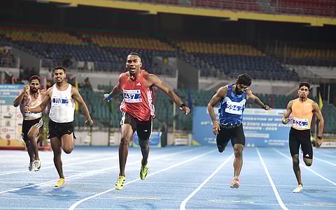 Animesh Kujur leads the pack during 200m race at interstate athletics championship