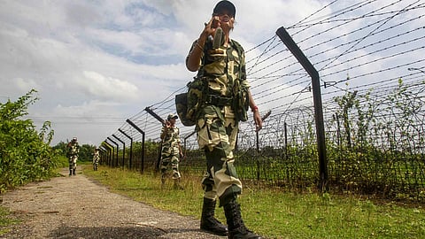 Border Security Force (BSF) personnel patrol along the India-Bangladesh border areas ahead of the Independence Day, at Srimantapur village, in Agartala. Image for representational purposes only.