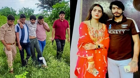 Police personnel apprehend the man, accused of setting his wife on fire over dowry, after he was shot in leg while escaping custody,