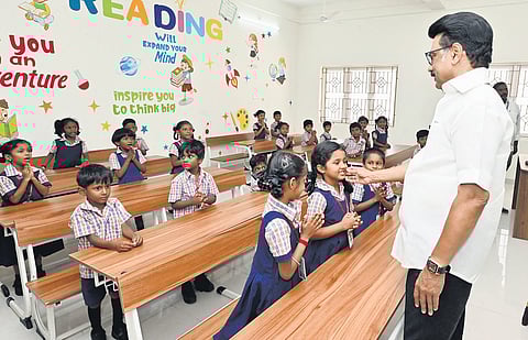 Chief Minister M K Stalin interacting with schoolchildren