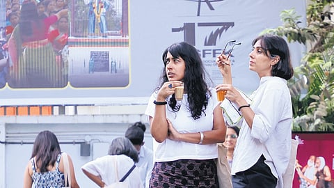 Delegates of 17th International Documentary and Short Film Festival of Kerala take a break at Kairali-Sree-Nila theatre complex in Thiruvananthapuram