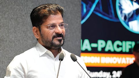 CM A Revanth Reddy speaks during the Asia-Pacific Biodesign Innovation Summit held at AIG Hospitals in Hyderabad on Sunday.