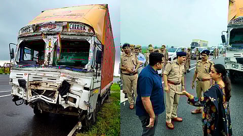 Wreckage of a vehicle at the site after a truck allegedly rammed into a tractor-trolley carrying pilgrims, in Uttar Pradesh's Bulandshahr district, Monday, Aug. 25, 2025.