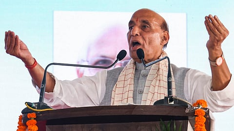 In this image released on Aug. 25, 2025, Defence Minister Rajnath Singh speaks during the inauguration of the Defence and Sports Academy, in Jodhpur, Rajasthan.