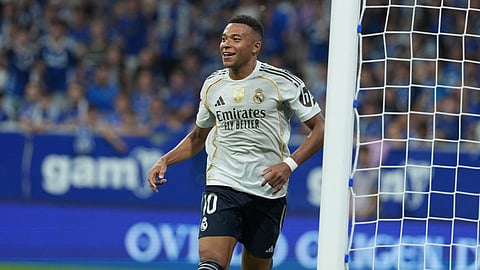 Real Madrid's Kylian Mbappe celebrates scoring his team's second goal during the Spanish league football match between Real Oviedo and Real Madrid on August 24, 2025.