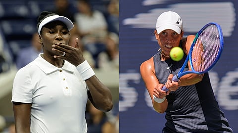 Venus Williams (L) and Madison Keys (R) of the US in action during their respective first-round matches of the US Open tennis championships, in New York, Monday, Aug. 25, 2025.
