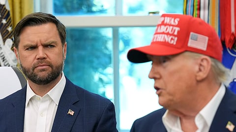 US Vice President JD Vance looks on as President Donald Trump speaks in the Oval Office of the White House, Friday, Aug. 22, 2025, in Washington.