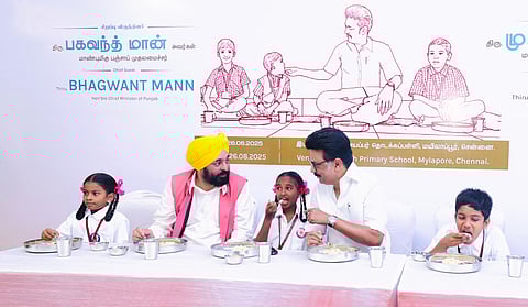 Chief Minister MK Stalin and his Punjab counterpart Bhagwant Mann at the launch of the extention the state’s flagship Chief Minister’s Morning Breakfast Scheme at at St Joseph Primary School, Mylapore on Tuesday, August 26 ,2025