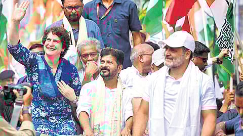 Chief Minister A Revanth Reddy with Rahul Gandhi and Priyanka Gandhi at Voter Adhikar Yatra in Supaul on Tuesday