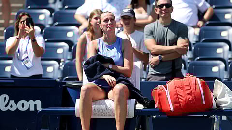 Petra Kvitova of the Czech Republic reacts after her Women's Singles First Round match against Diane Parry of France for her final match before retiring on Day Two of the 2025 US Open in New York, August 25, 2025.