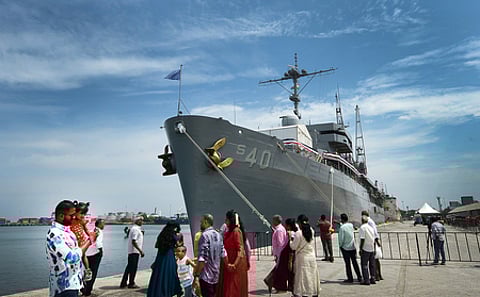 The US Navy’s USS Frank Cable (AS 40), the second Emory S. Land-class submarine tender, docked at Chennai Port .