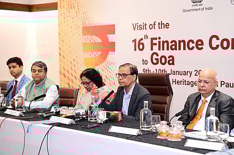 Finance commission chairman Dr Arvind Panagariya (second from right) addressing the press after the Sixteenth Finance Commission was on a two-day visit to Goa in January, 2025