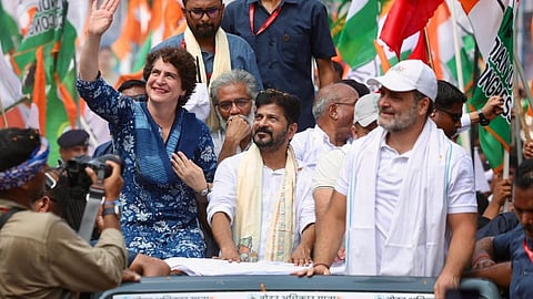 Rahul Gandhi with Telangana CM Revanth Reddy and Congress MP Priyanka Gandhi during the Voter Adhikar Yatra in Bihar.