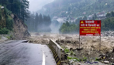 A portion of a road damaged following heavy rainfall, in Kullu, Tuesday, Aug. 26, 2025.