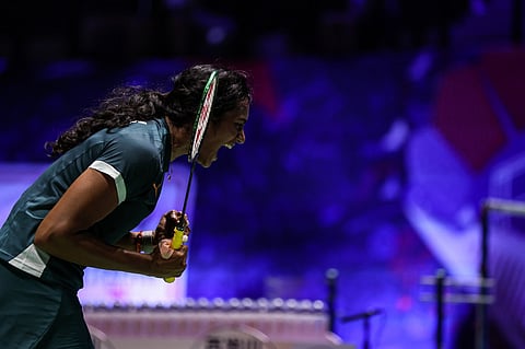 PV Sindhu celebrates after beating Wang Zhi Yi in Paris on Thursday