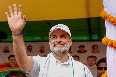 In this image released on Aug. 28, 2025, Leader of the Opposition in the Lok Sabha Rahul Gandhi during a public meeting as part of the ongoing 'Voter Adhikar Yatra', in Sitamarhi, Bihar.