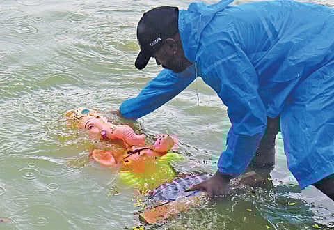 A civic worker immerses a Ganesha idol at a kalyani in Ulsoor Lake in Bengaluru on Thursday evening