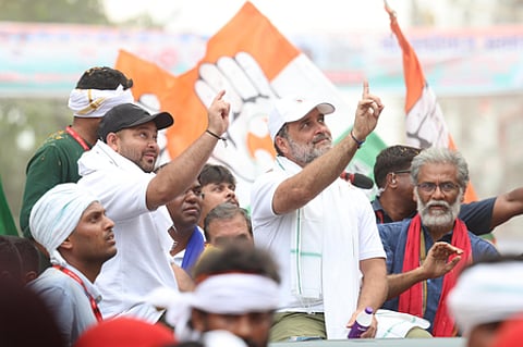 Congress leader Rahul Gandhi and RJD leader Tejashwi Yadav at the Voter Adhikar Rally