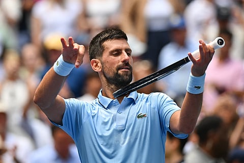 Serbia’s Novak Djokovic celebrates his victory over USA’s Zachary Svajda at the conclusion of their men's singles second round tennis match on day four of the US Open tennis tournament on August 27, 2025.