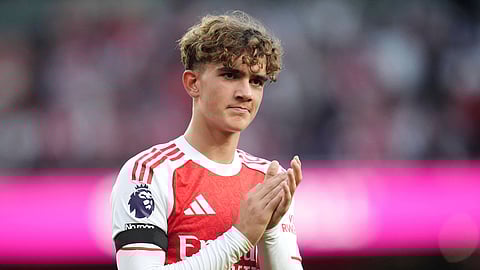 Arsenal's Max Dowman acknowledges the fans after the English Premier League soccer match between Arsenal and Leeds United.