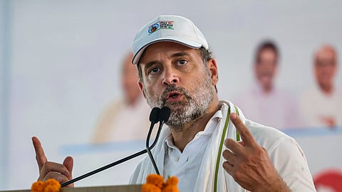 In this image received on Aug. 27, 2025, LoP in the Lok Sabha and Congress leader Rahul Gandhi addresses the gathering during the 'Voter Adhikar Yatra', in Bihar.