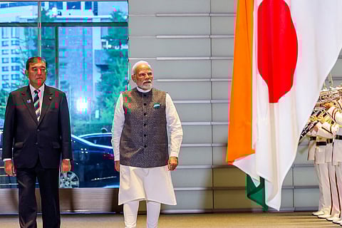 Prime Minister Narendra Modi being accorded a Guard of Honour, in Tokyo, Japan. Japanese Prime Minister Shigeru Ishiba is also seen.