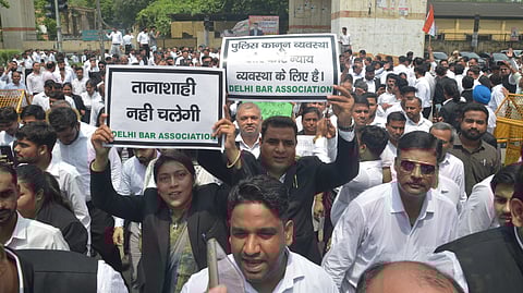 Lawyers across all Delhi district courts protesting against the notification issued by the Lieutenant Governor of Delhi on 13.08.2025, at TIS HAZARI Court..