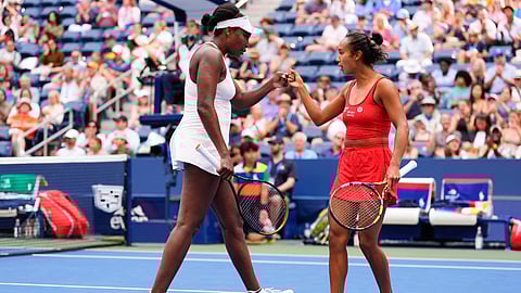 Venus Williams, of the United States, left, and Leylah Fernandez, of Canada during a first round women's doubles match against Lyudmyla Kichenok, of the Czech Republic and Ellen Perez, of Australia, during the U.S. Open tennis championships