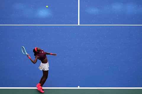 Coco Gauff, of the United States, serves during the third round of the U.S. Open tennis championships, Saturday, Aug. 30, 2025, in New York.
