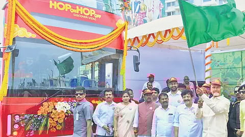 Chief Minister Nara Chandrababu Naidu flags off the Hop-on Hop-off double-decker tourist bus at Beach Road in Visakhapatnam on Friday