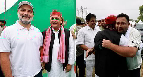 Samajwadi Party chief and former UP chief minister Akhilesh Yadav is greeted by Congress leader Rahul Gandhi and RJD leader Tejashwi Yadav as he arrives to take part in the 'Voter Adhikar Yatra' in Bihar.