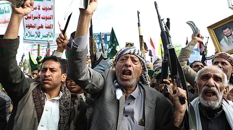 Houthi supporters chant slogans during a weekly anti-Israel rally in Sanaa, Yemen, Friday, Aug. 29, 2025.
