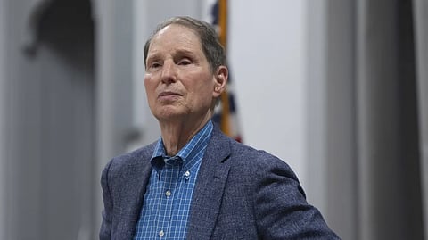 Sen. Ron Wyden, D-Ore., listens during a town hall meeting on Friday, July 25, 2025, in Wasco, Ore.