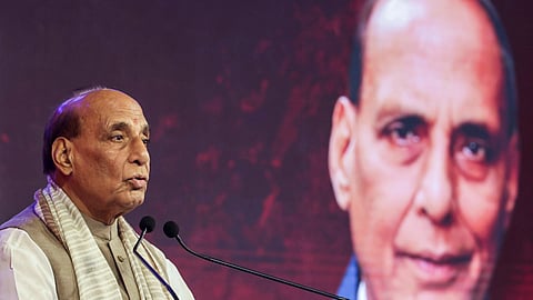 In this image released on Aug. 30, 2025, Union Defence Minister Rajnath Singh addresses a Defence Conclave, in New Delhi.
