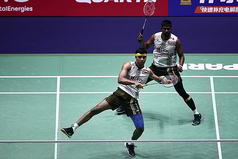 India's Chirag Shetty (L) and Satwiksairaj Rankireddy lost the Worlds semifinal to their Chinese opponents on Saturday