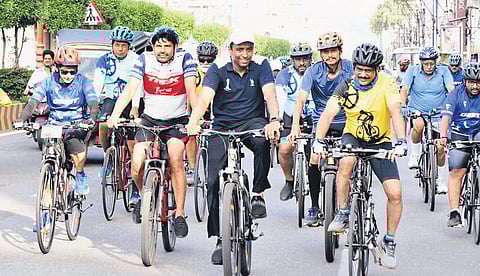 NTR Collector G Lakshmisha took part in the Pedal for Fitness and Unity programme; Guntur SP Satish Kumar took out a cycle rally to promote healthy lifestyle