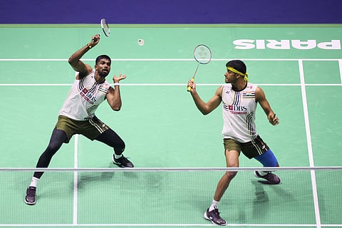 Satwiksairaj Rankireddy, left, and Chirag Shetty, of India, play Liu Yi and Chen Bo Yang, of China, in their Men's Doubles semifinal match of the Badminton World Championships, Saturday, Aug. 30, 2025 in Paris.