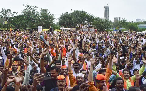 File | Supporters gather during a hunger strike by Maratha quota agitation leader Manoj Jarange, unseen, in Mumbai, Sunday, Aug. 31, 2025. Jarange