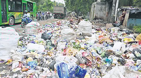 Garbage dumped on a road at Jyoti nagar.