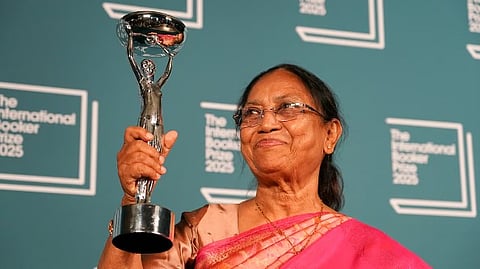 Banu Mushtaq, author of 'Heart Lamp' holds the trophy after winning the International Booker Prize, in London, Tuesday, May 20, 2025